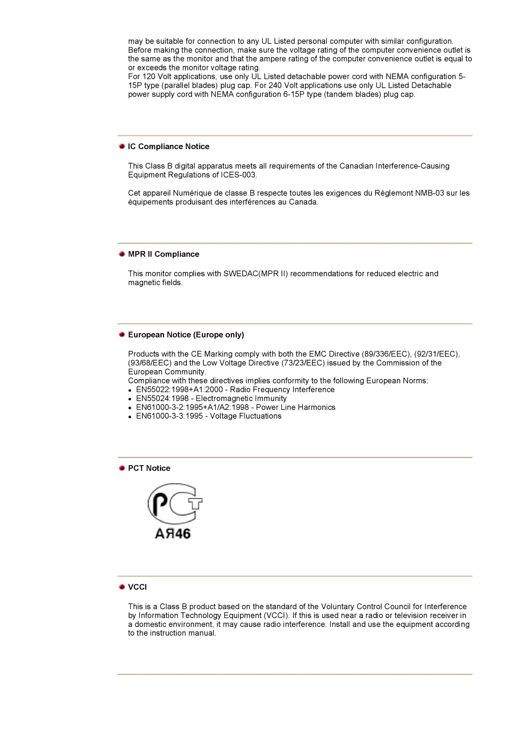 Samsung 790DF manual IC Compliance Notice, MPR II Compliance, European Notice Europe only, PCT Notice 