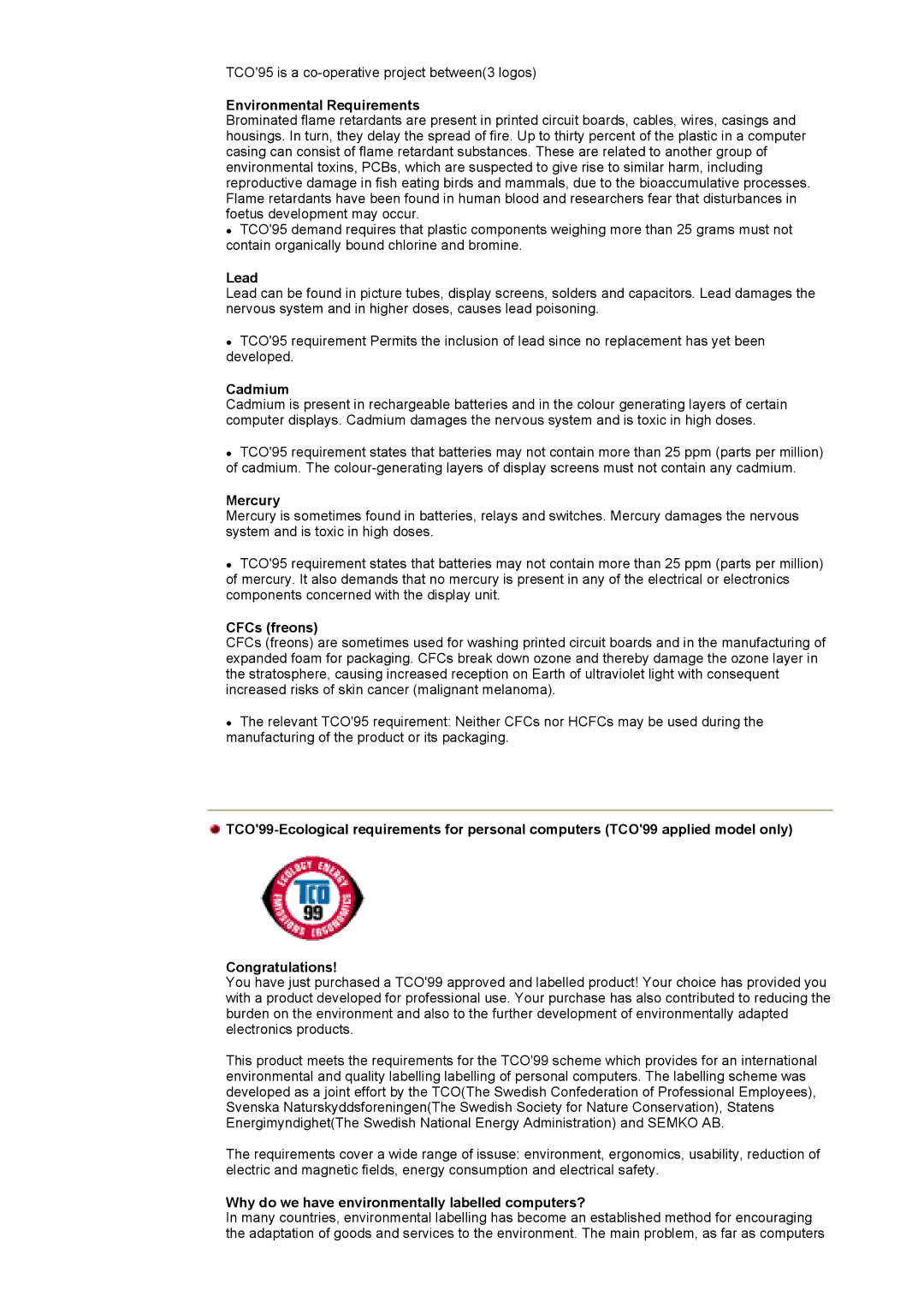 Samsung 790DF manual Environmental Requirements, Lead, Cadmium, Mercury, CFCs freons 