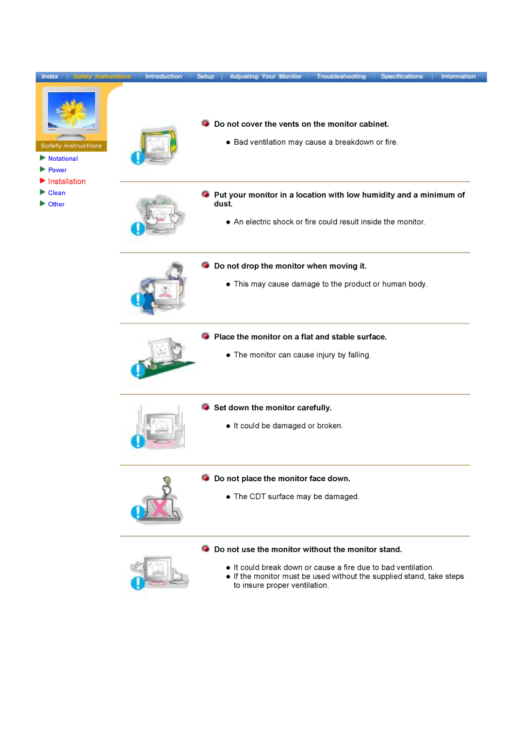 Samsung 790DF manual Do not drop the monitor when moving it, Place the monitor on a flat and stable surface 