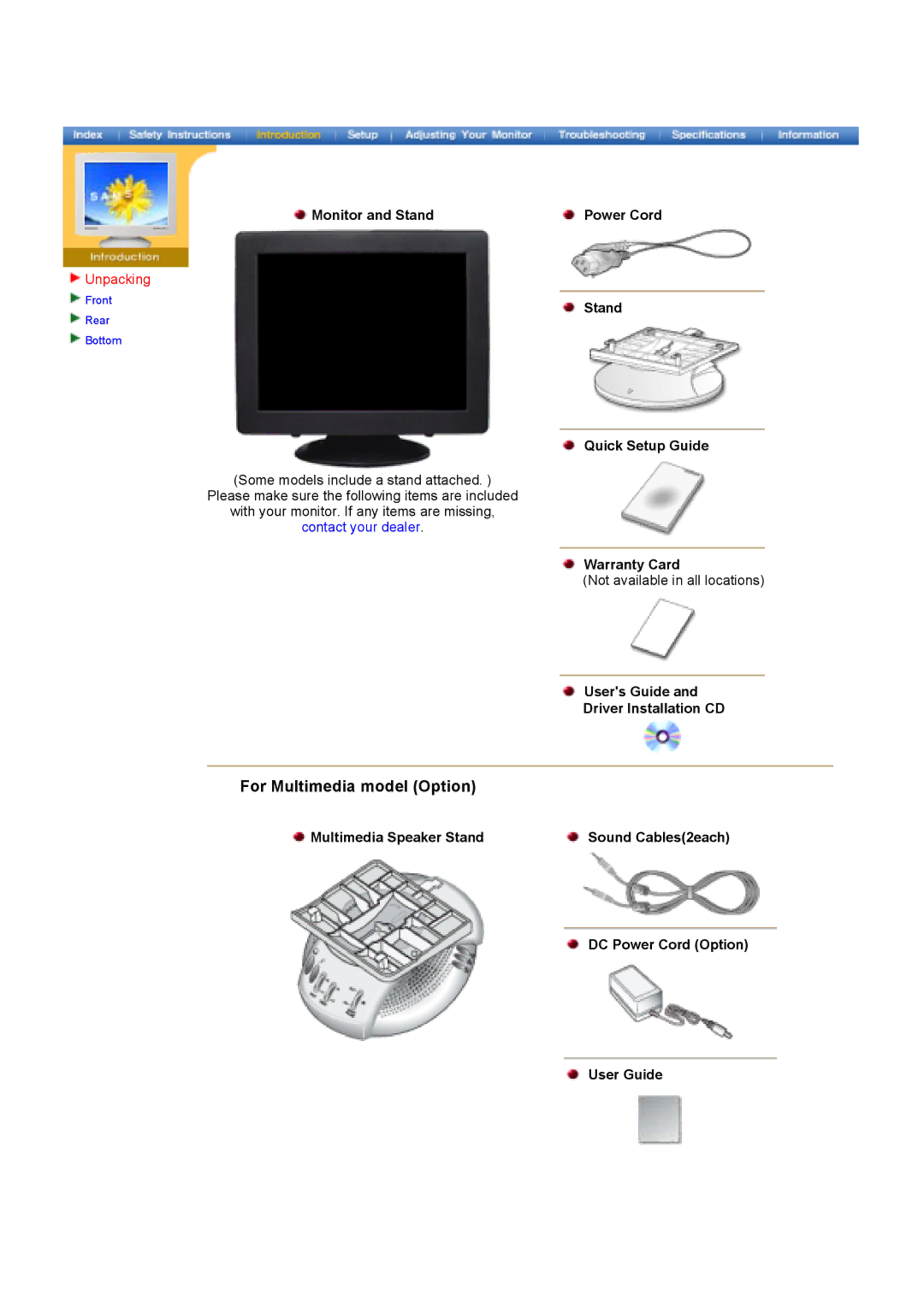 Samsung 790DF Unpacking, Monitor and Stand Power Cord Quick Setup Guide, Warranty Card, Users Guide Driver Installation CD 