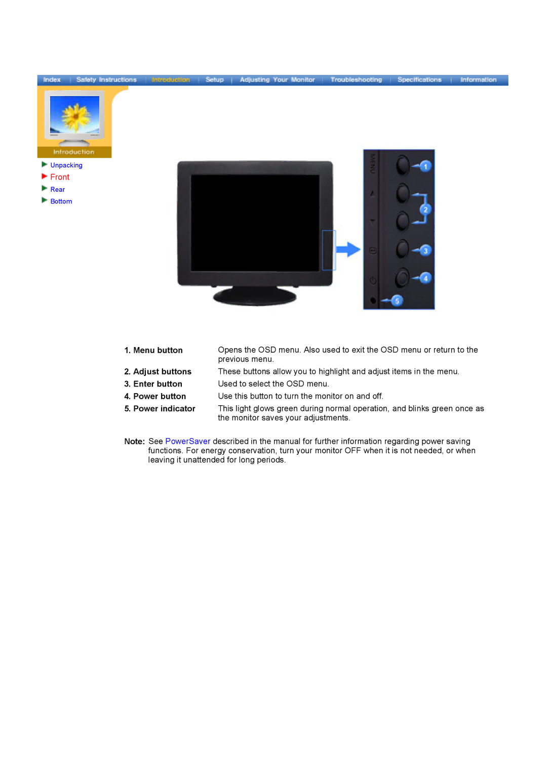 Samsung 790DF manual Front, Menu button, Enter button Used to select the OSD menu Power button 