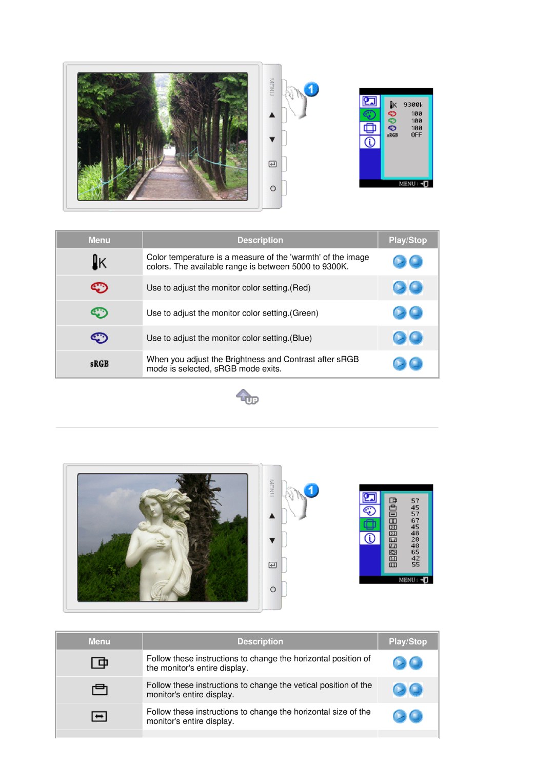 Samsung 591v, 793S, 797DF, 793V, 795DF, 795MB, 783DF, 793DF manual Menu Description Play/Stop 