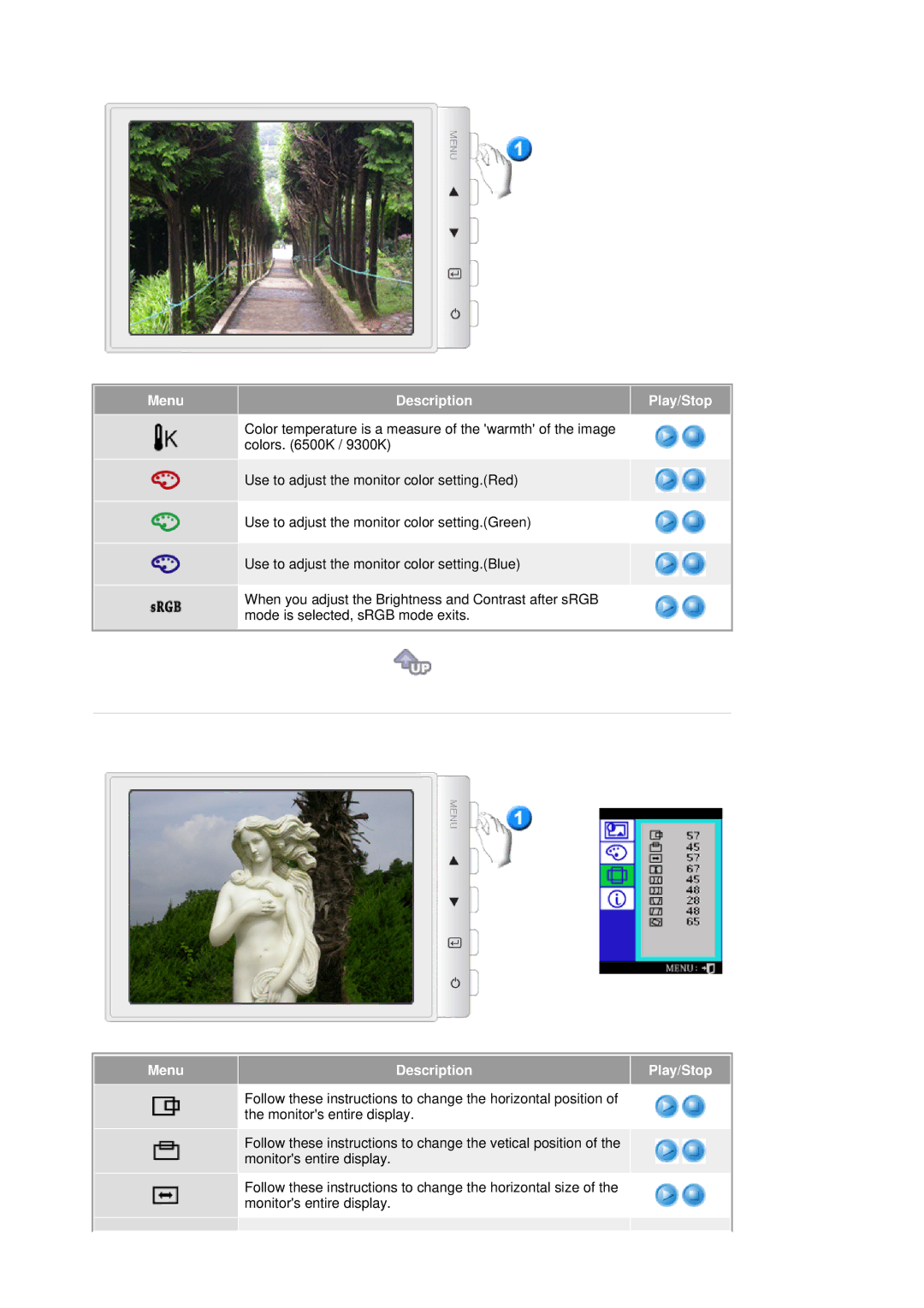 Samsung 795DF, 793S, 797DF, 793V, 795MB, 783DF, 591v, 793DF manual Menu Description Play/Stop 