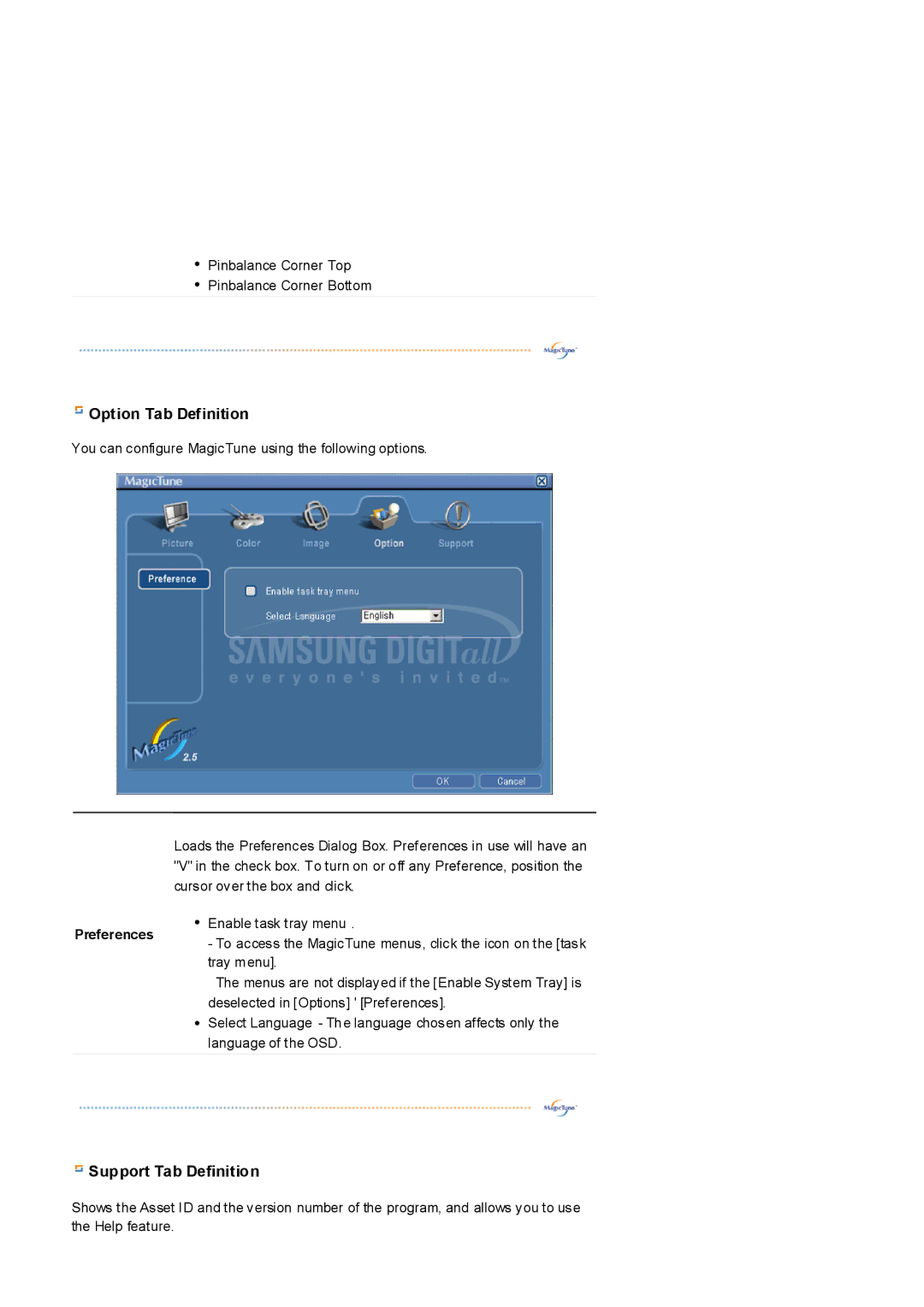 Samsung 591v, 793S, 797DF, 793V, 795DF, 795MB, 783DF, 793DF manual Option Tab Definition, Preferences 