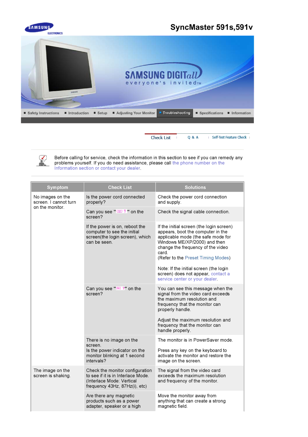 Samsung 793V, 793S, 797DF, 795DF, 795MB, 783DF, 793DF manual SyncMaster 591s,591v 