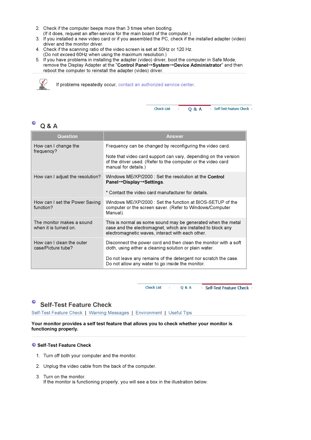 Samsung 795MB, 793S, 797DF, 793V, 795DF, 783DF, 591v, 793DF manual Self-Test Feature Check 