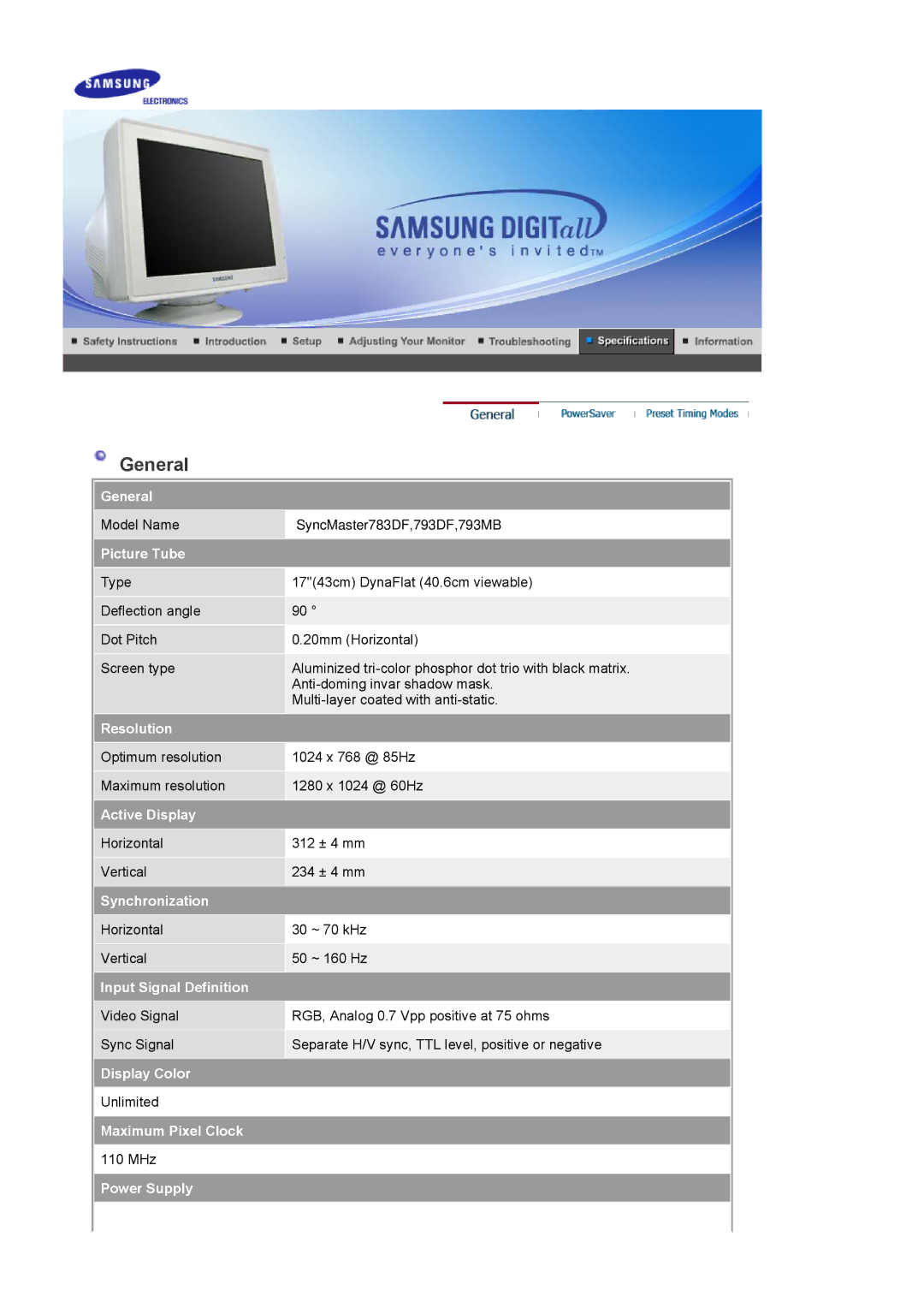 Samsung 793S, 797DF, 793V, 795DF, 795MB, 591v manual Model Name SyncMaster783DF,793DF,793MB 