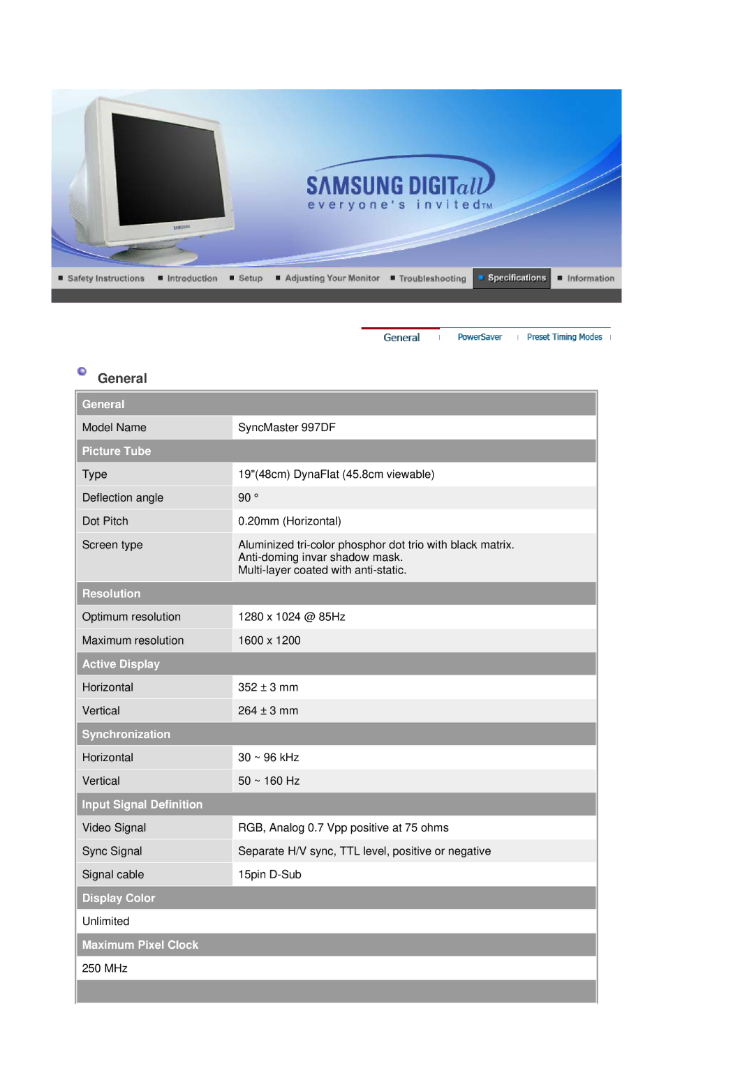 Samsung 797DF, 793S, 793V, 795DF, 795MB, 783DF, 591v, 793DF manual Model Name SyncMaster 997DF 