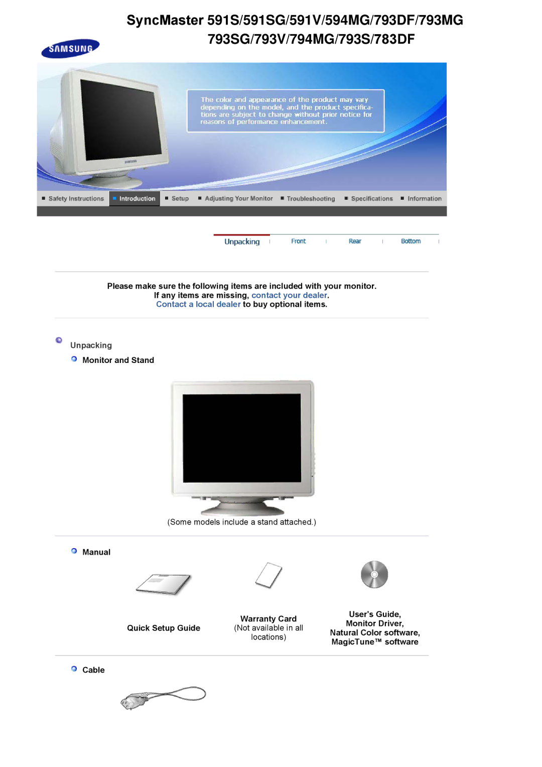 Samsung 793MG, 794MG, 793SG, 788DF Plus, 592V Unpacking, Monitor and Stand, Natural Color software, MagicTune software, Cable 