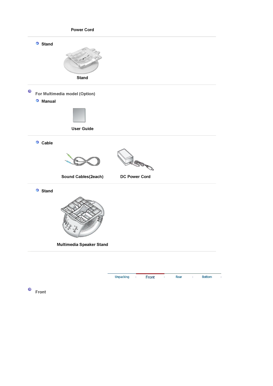 Samsung 591SG, 794MG, 793SG, 788DF Plus, 793MG, 592V, 594MG manual Power Cord Stand, For Multimedia model Option, Front 