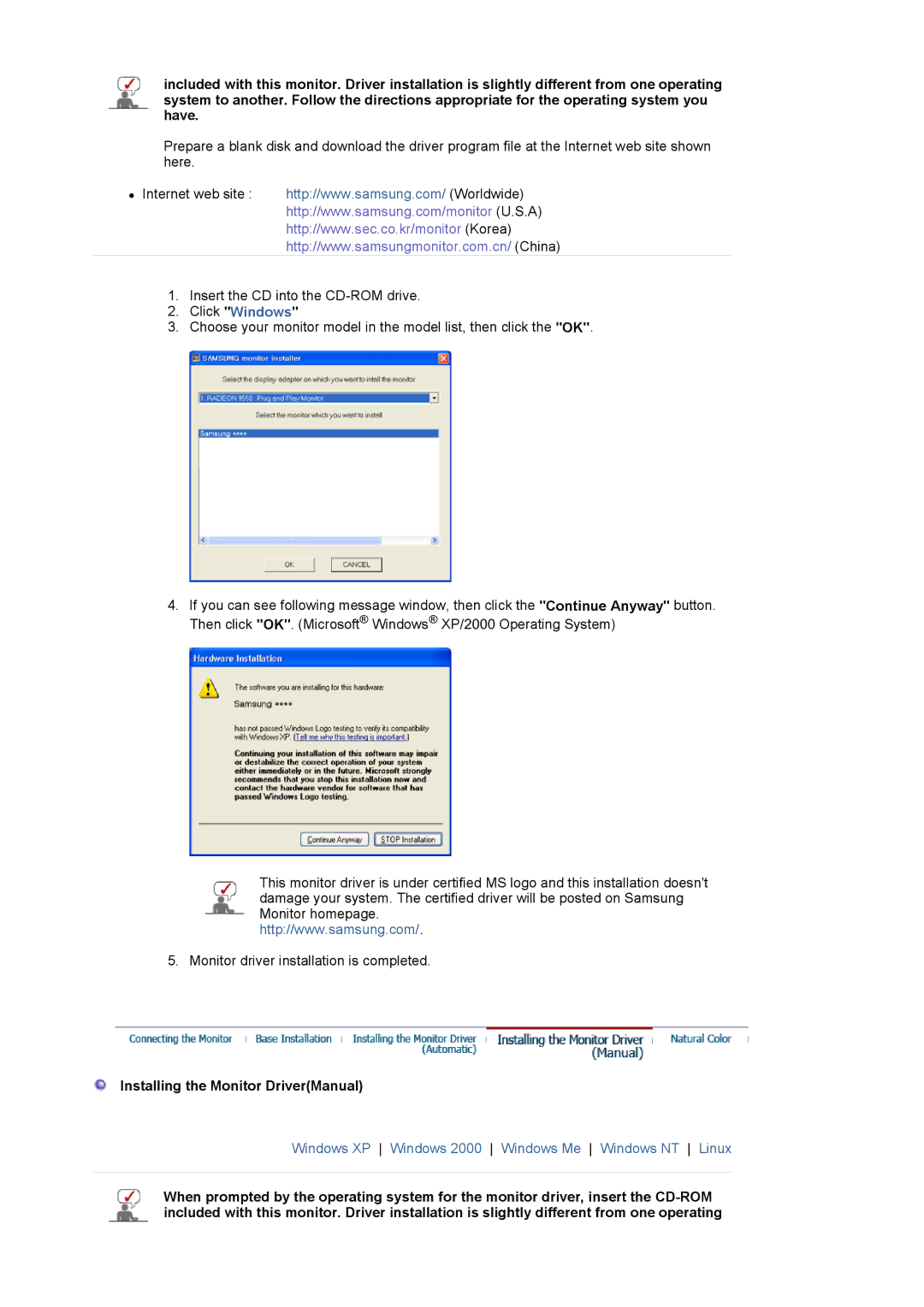 Samsung 793SG, 794MG, 788DF Plus, 793MG, 591SG, 592V, 594MG manual Click Windows, Installing the Monitor DriverManual 