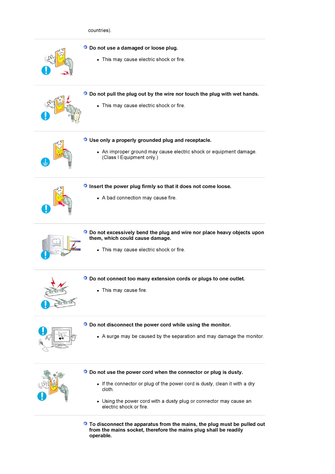 Samsung 793MG, 794MG, 793SG, 788DF Plus Do not use a damaged or loose plug, Use only a properly grounded plug and receptacle 