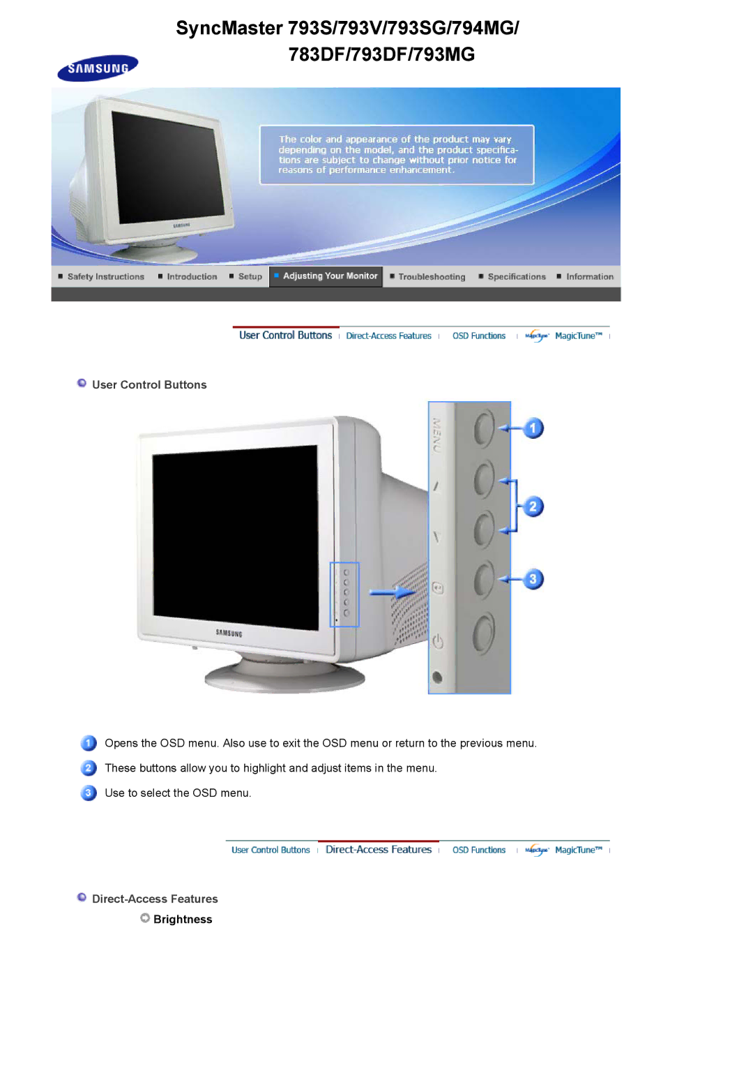 Samsung 788DF Plus, 591SG, 592V, 594MG manual SyncMaster 793S/793V/793SG/794MG/ 783DF/793DF/793MG 