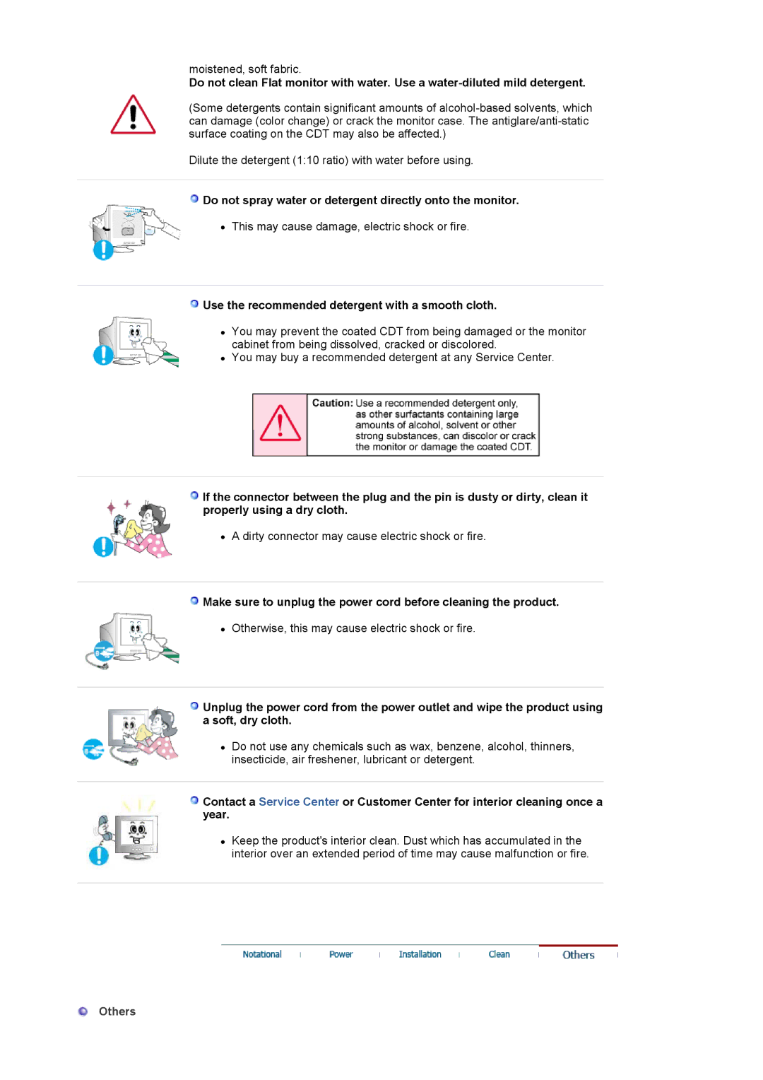 Samsung 594MG Do not spray water or detergent directly onto the monitor, Use the recommended detergent with a smooth cloth 