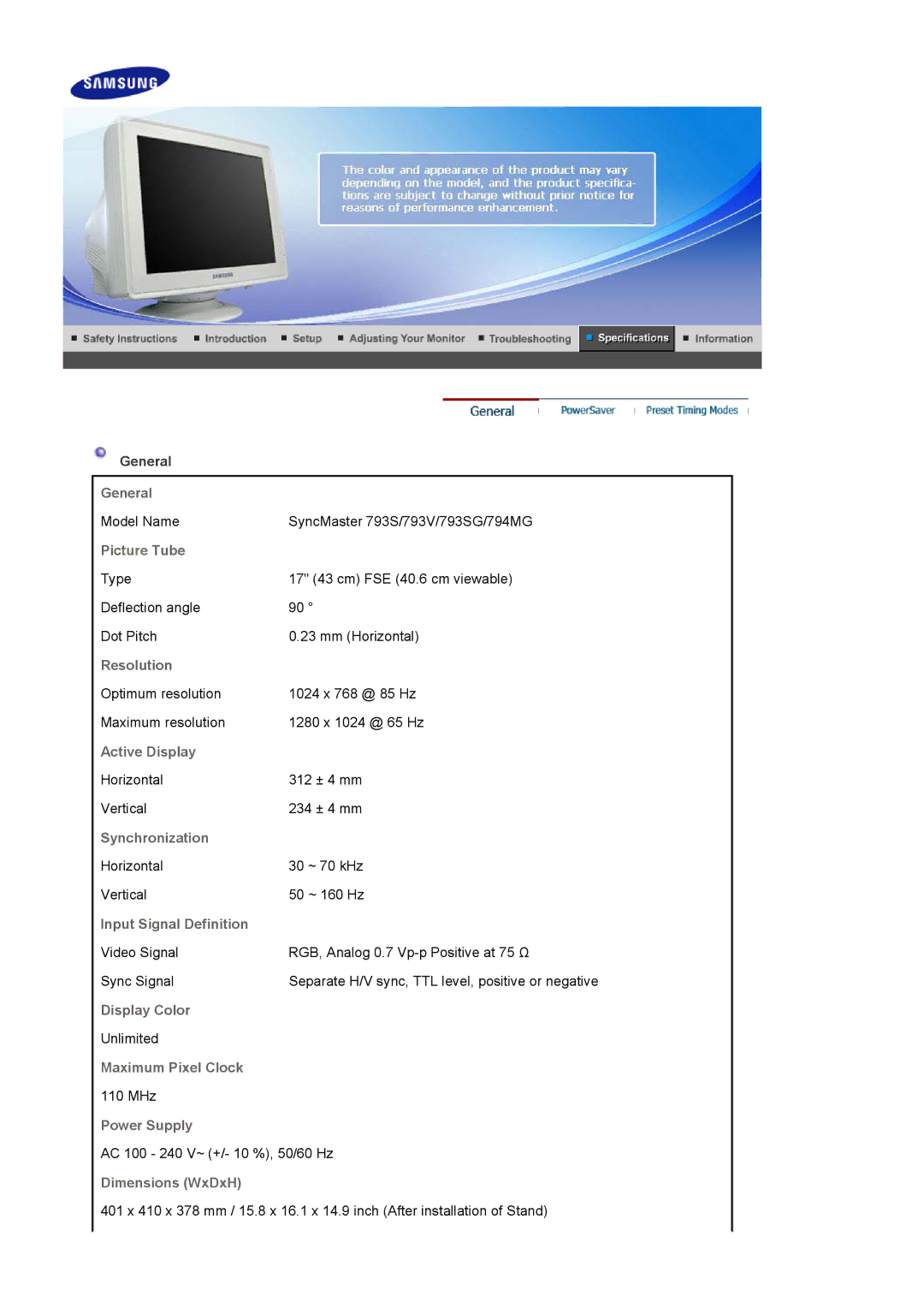 Samsung 592V, 788DF Plus, 793MG, 591SG, 594MG manual Model Name SyncMaster 793S/793V/793SG/794MG 