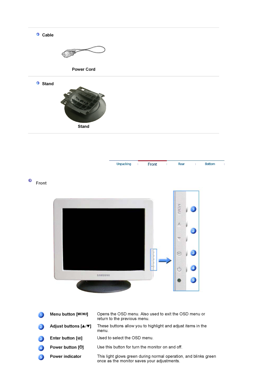 Samsung 592V, 592S, 794V, 794S manual Cable Power Cord Stand, Front, Enter button Power button Power indicator 