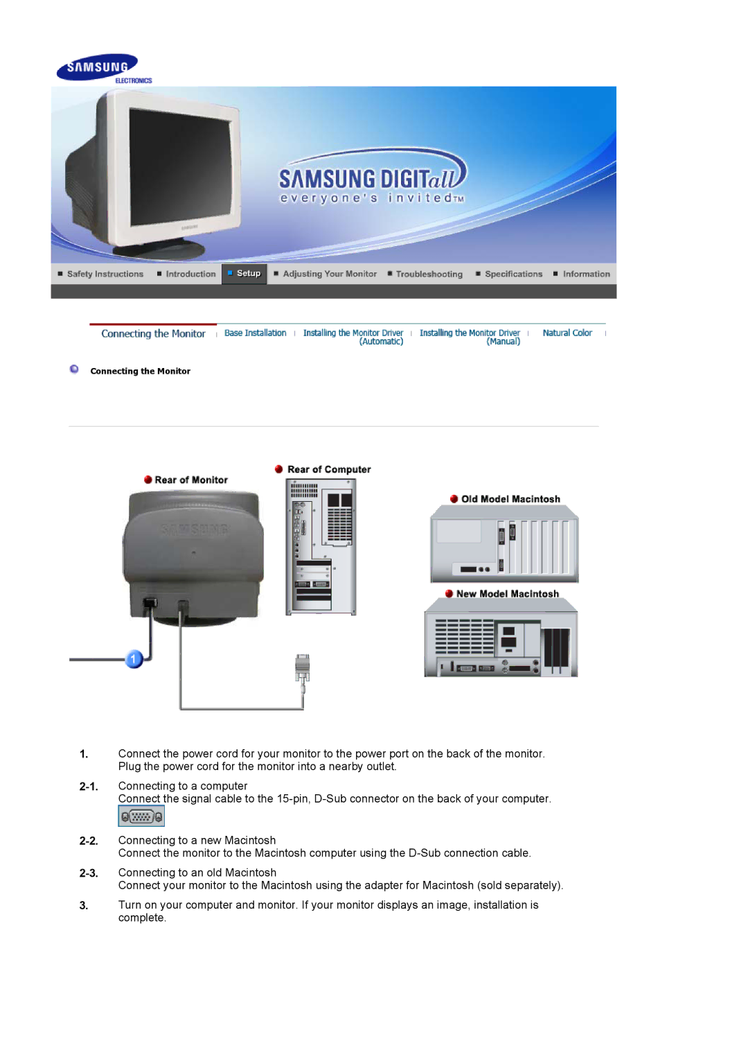 Samsung 592V, 592S, 794V, 794S manual Connecting the Monitor 