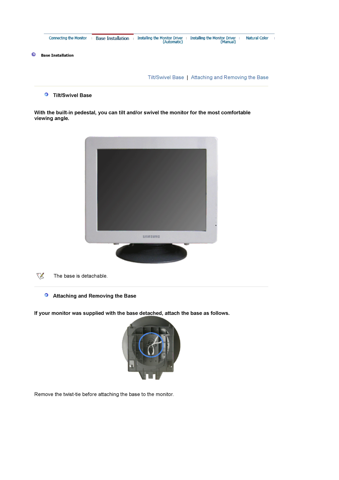 Samsung 592V, 592S, 794V, 794S manual Tilt/Swivel Base Attaching and Removing the Base 