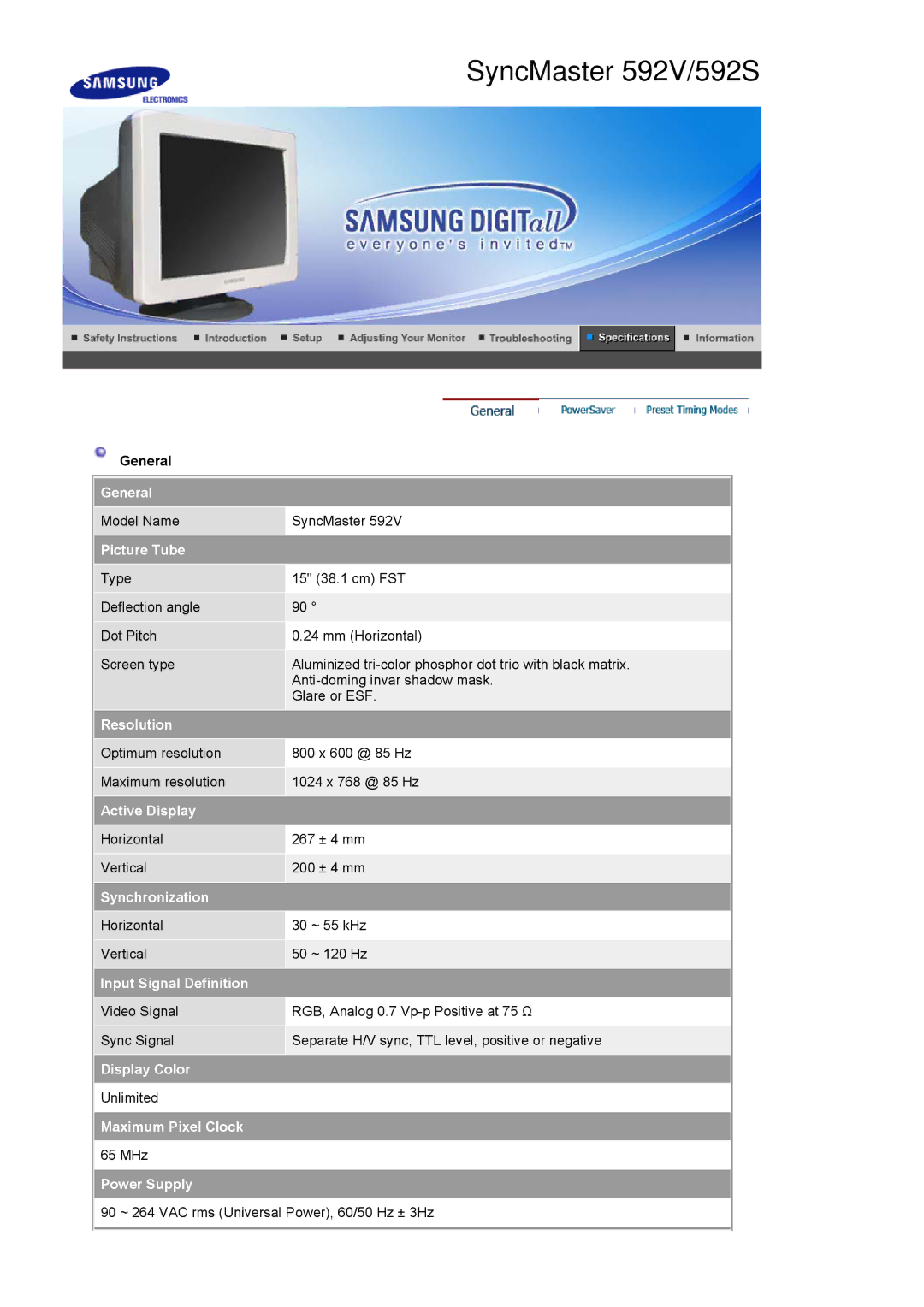 Samsung 794S General, Picture Tube, Resolution, Active Display, Synchronization, Input Signal Definition, Display Color 