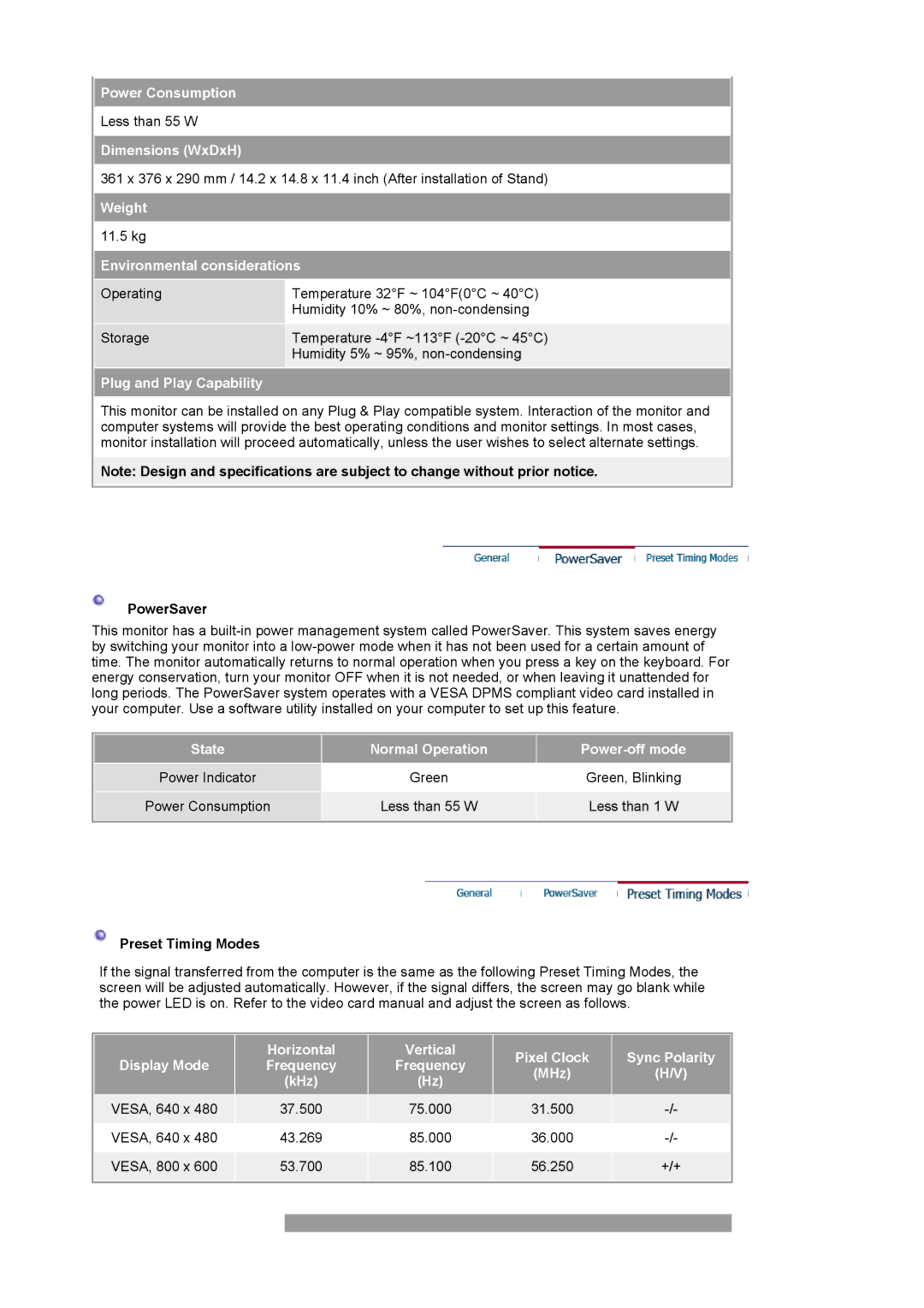 Samsung 592S Power Consumption, Dimensions WxDxH, Weight, Environmental considerations, Plug and Play Capability, +/+ 