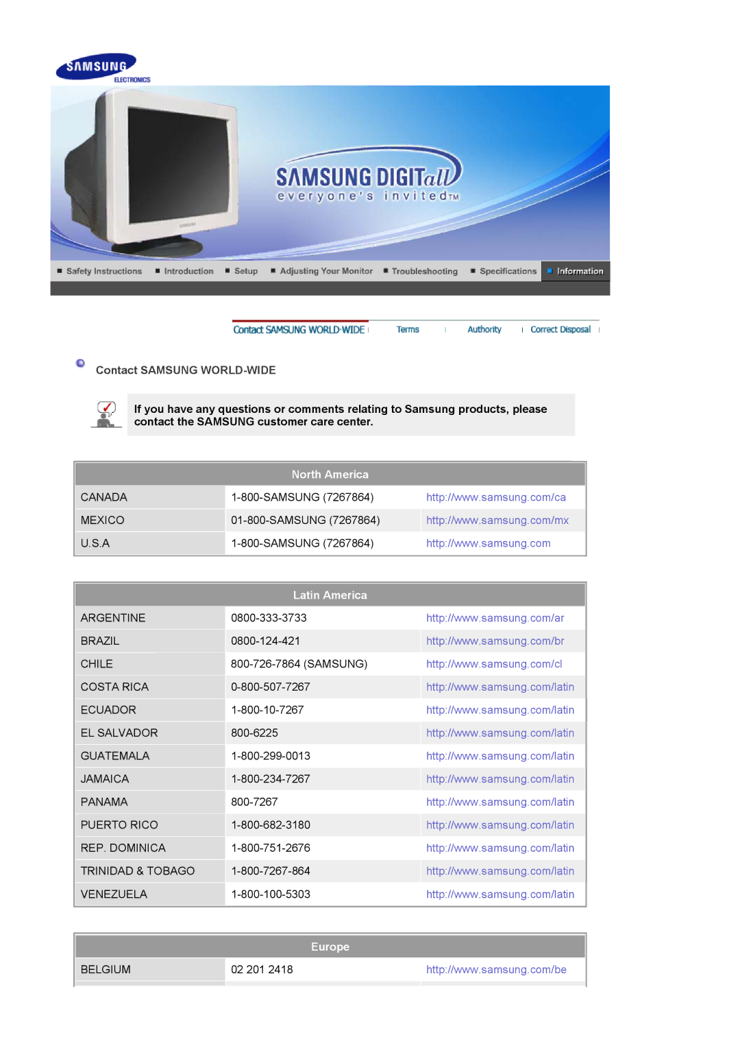 Samsung 592V, 592S, 794V, 794S manual Contact Samsung WORLD-WIDE, North America, Latin America, Europe 