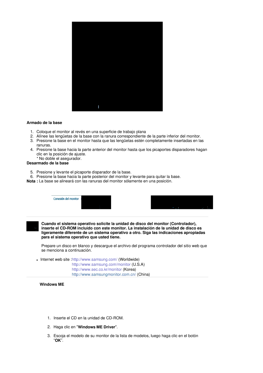 Samsung 795MB+ manual Armado de la base, Desarmado de la base, Haga clic en Windows ME Driver 