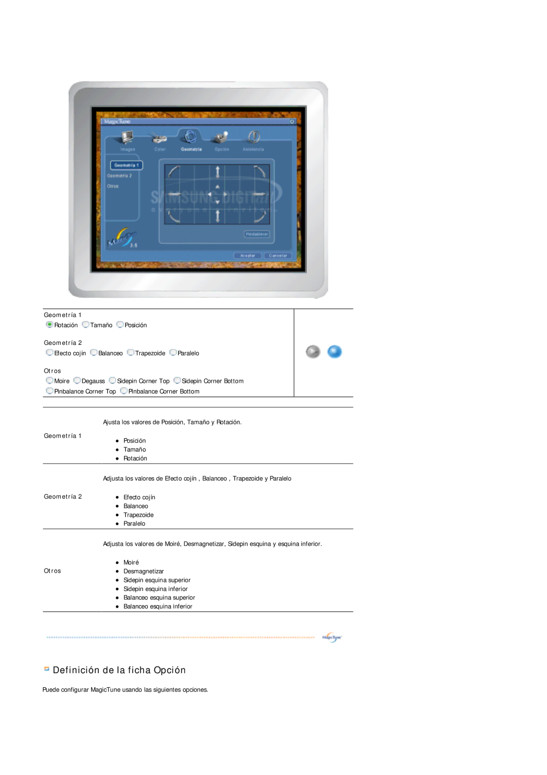 Samsung 795MB+ manual Definición de la ficha Opción 