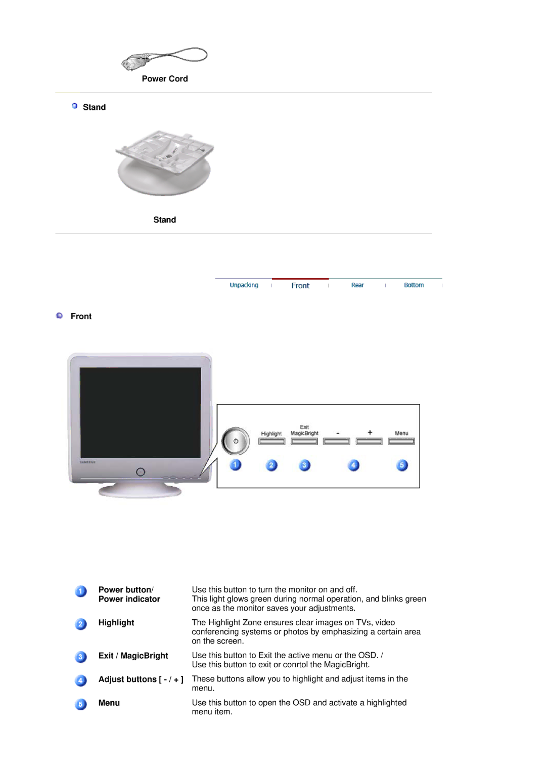 Samsung 795MB+ manual Power Cord Stand Front Power button, Power indicator, Highlight, Exit / MagicBright, Menu 