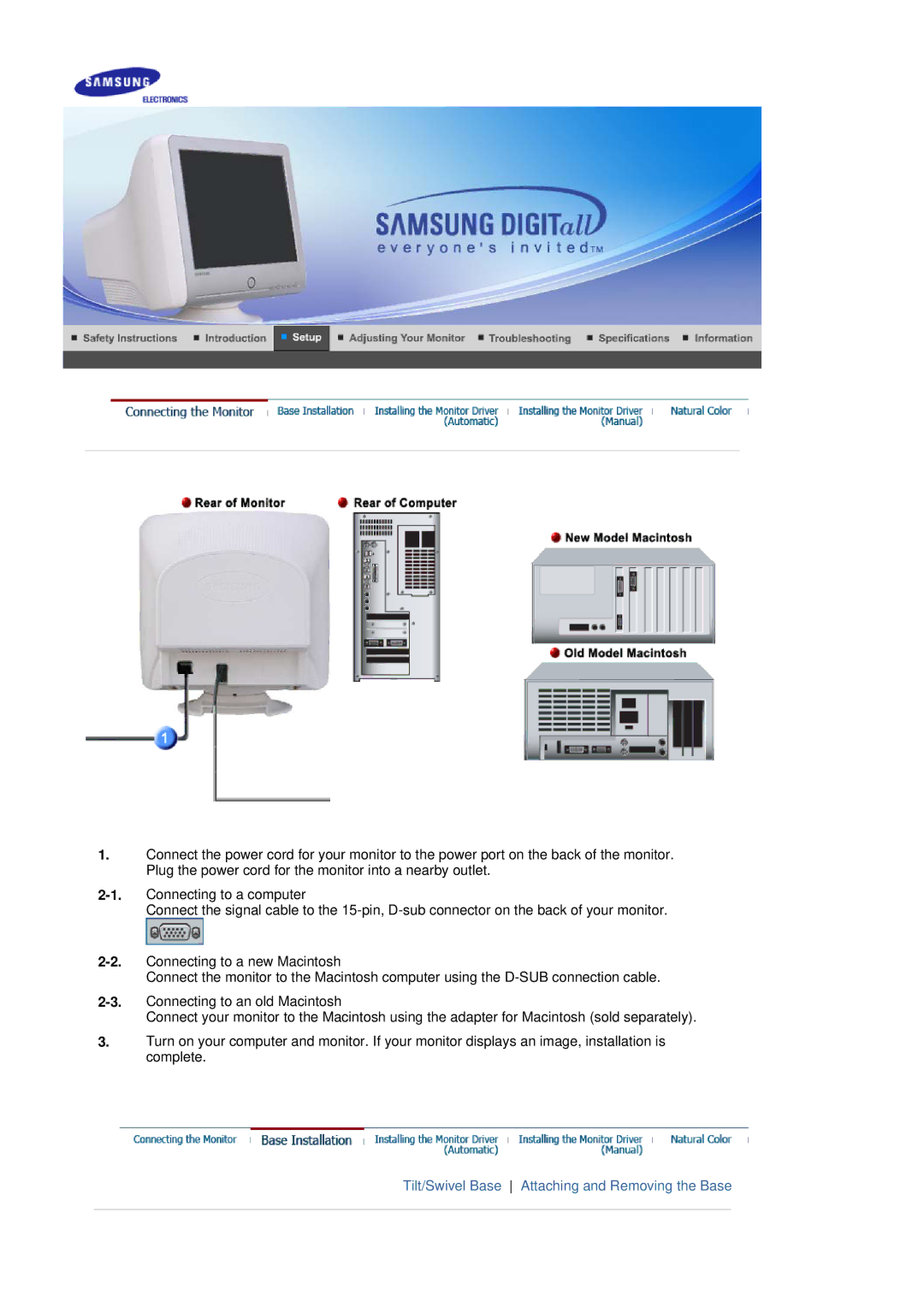 Samsung 795MB+ manual Tilt/Swivel Base Attaching and Removing the Base 