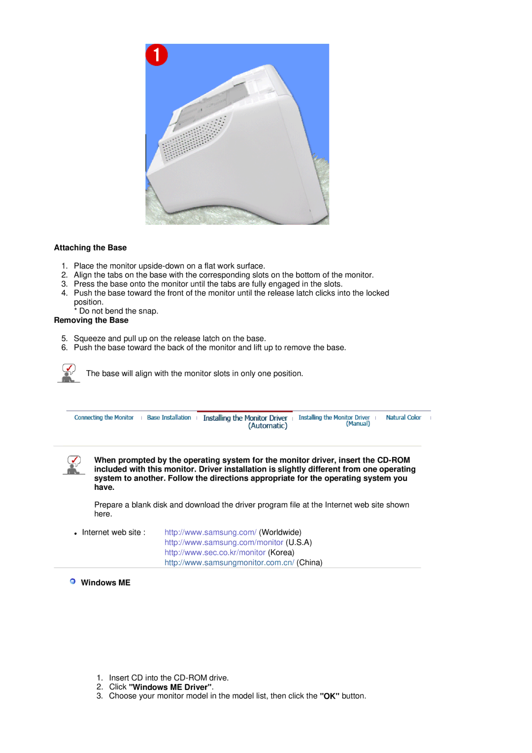 Samsung 795MB+ manual Attaching the Base, Removing the Base, Click Windows ME Driver 