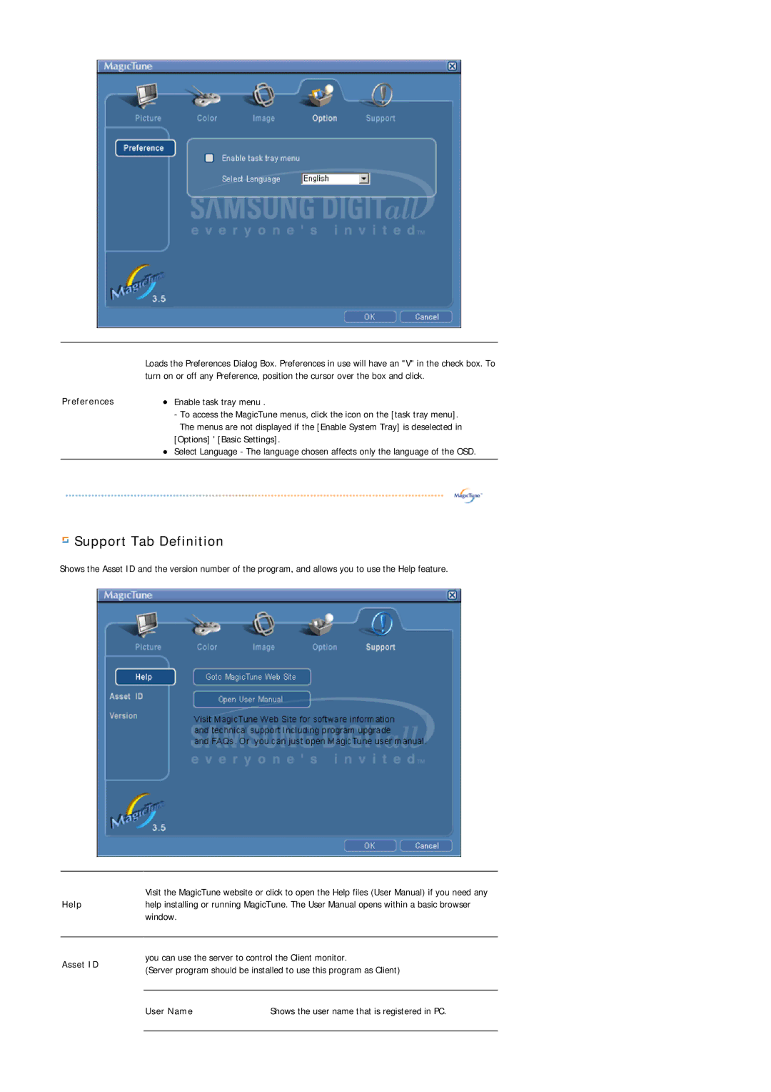 Samsung 795MB+ manual Support Tab Definition 