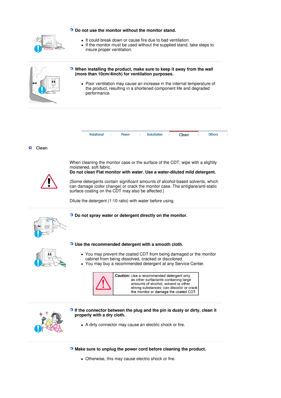 Samsung 795MB+ manual Do not use the monitor without the monitor stand, Clean 