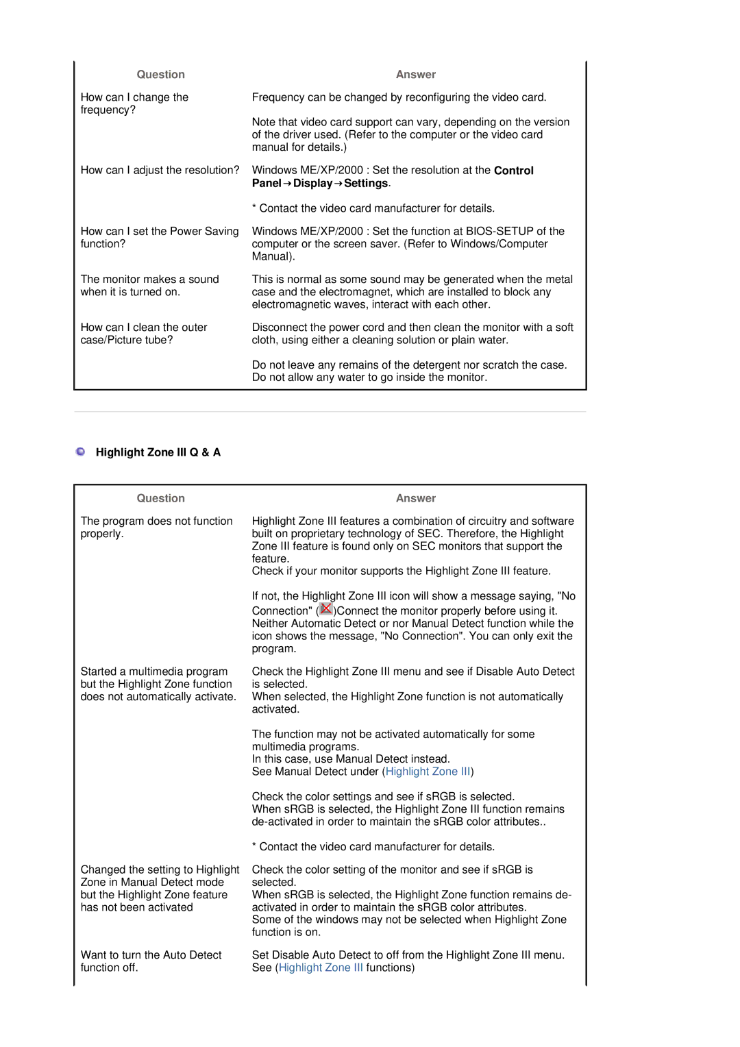 Samsung 795MB+ manual Question, Highlight Zone III Q & a 