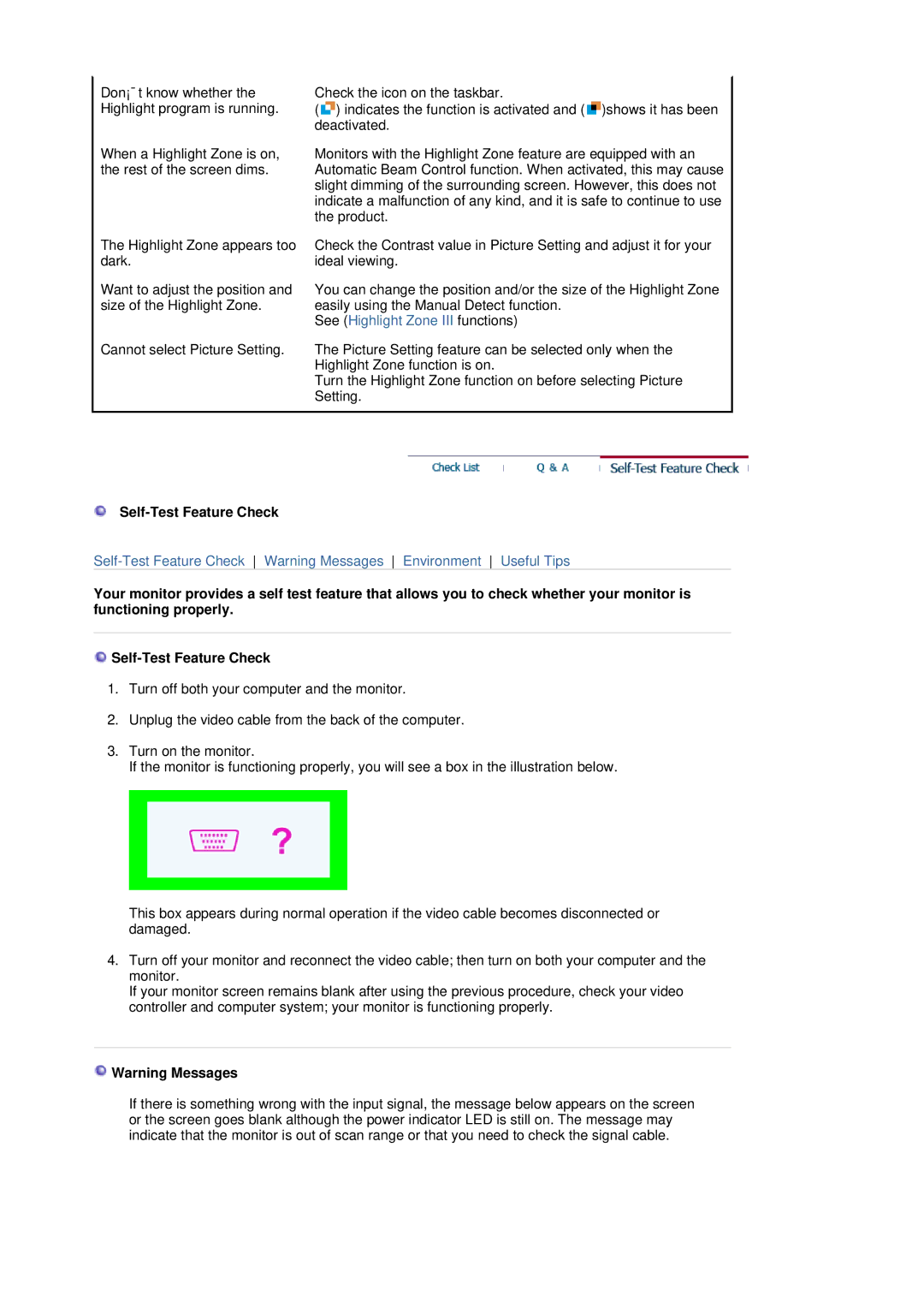 Samsung 795MB+ manual Self-Test Feature Check, See Highlight Zone III functions 