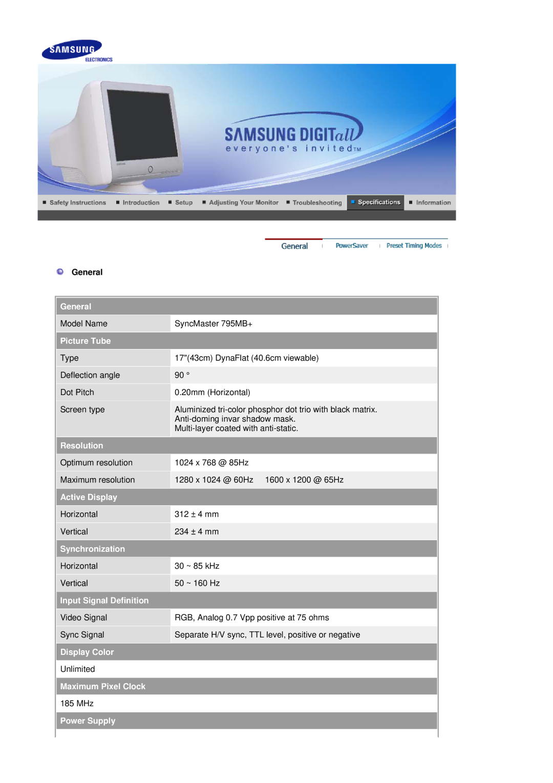 Samsung 795MB+ manual General, Picture Tube 