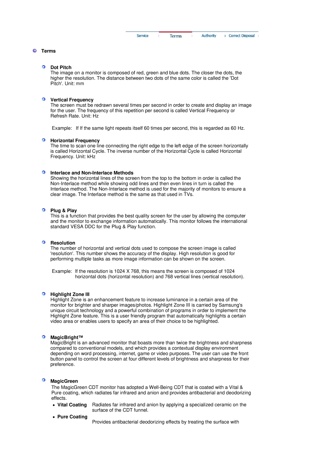 Samsung 795MB+ Terms Dot Pitch, Vertical Frequency, Horizontal Frequency, Interlace and Non-Interlace Methods, Plug & Play 