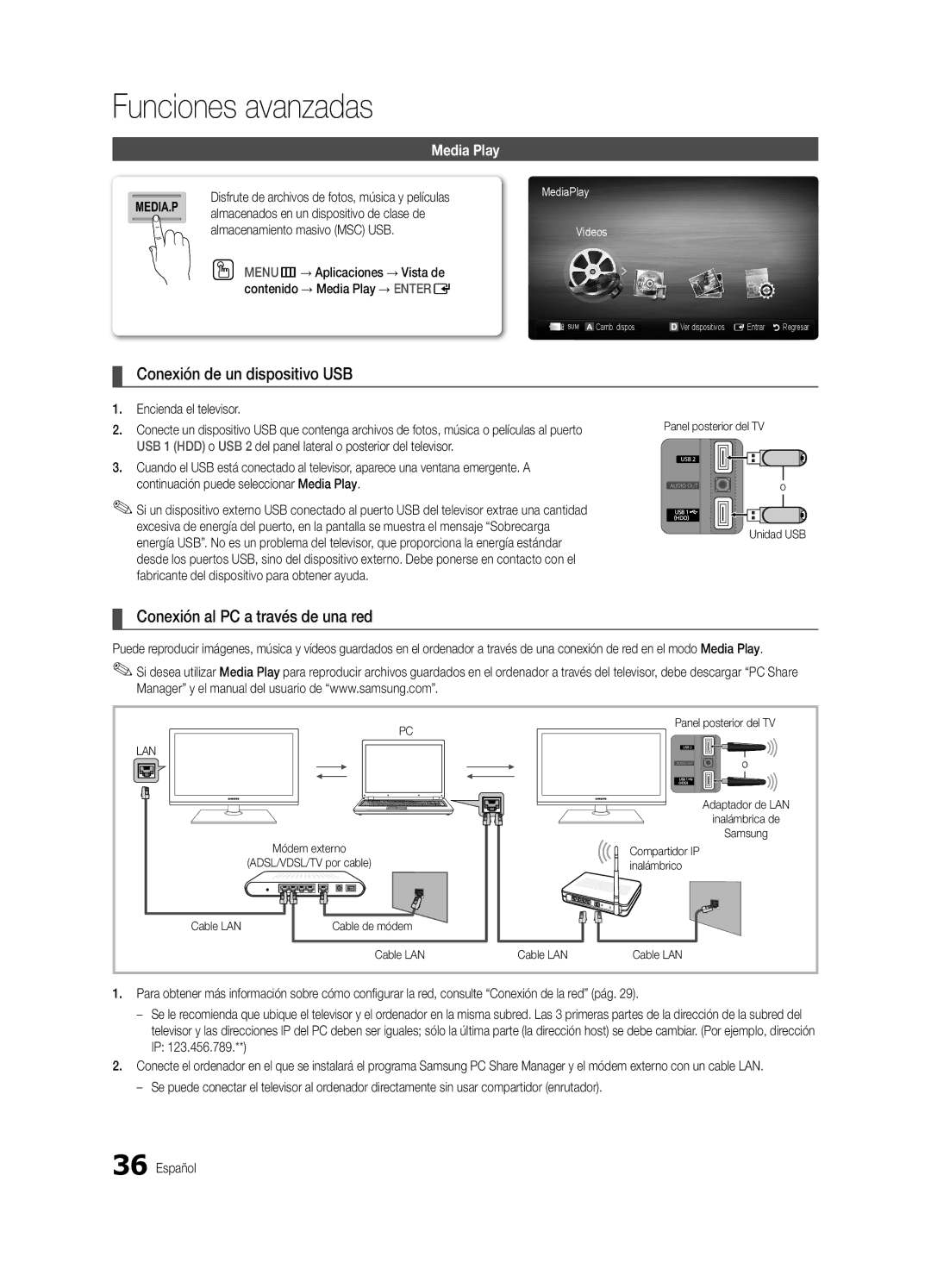 Samsung PN58C8000YFXZA, BN6802586A07 Conexión de un dispositivo USB, Conexión al PC a través de una red, Media Play 