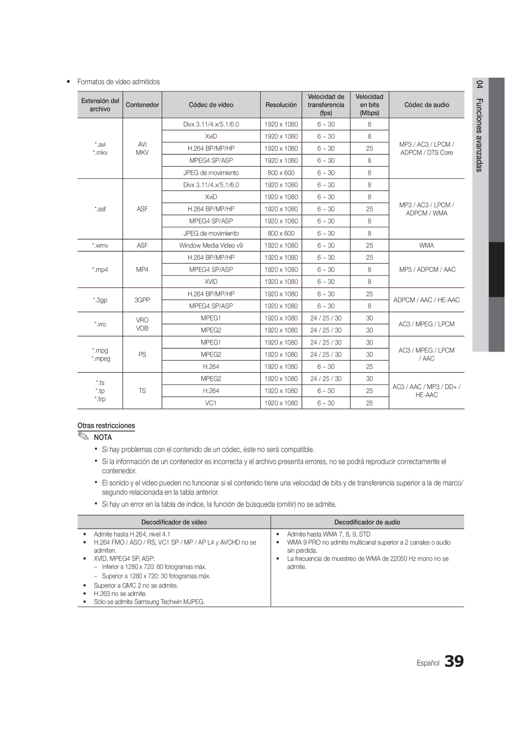 Samsung BN6802586A07, 8000 Yy Formatos de vídeo admitidos, Extensión del Velocidad de, 264 1920 x, Admiten Sin pérdida 