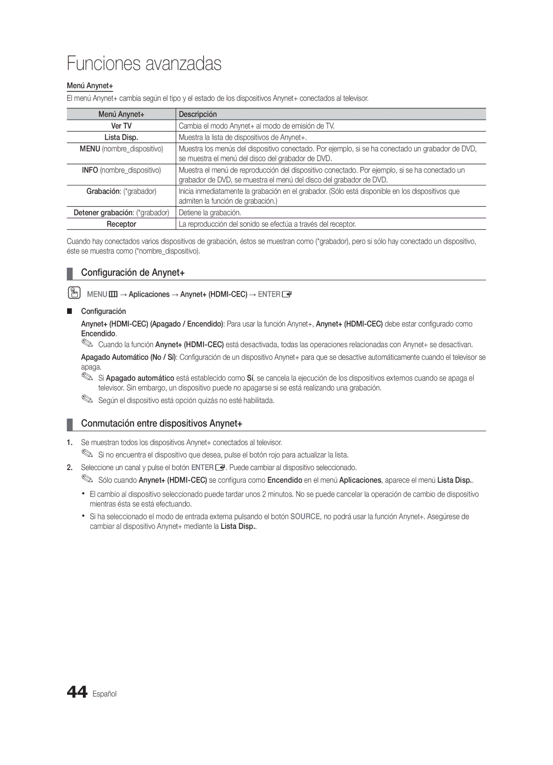 Samsung PN58C8000YFXZA, BN6802586A07, PC8000NA user manual Configuración de Anynet+, Conmutación entre dispositivos Anynet+ 