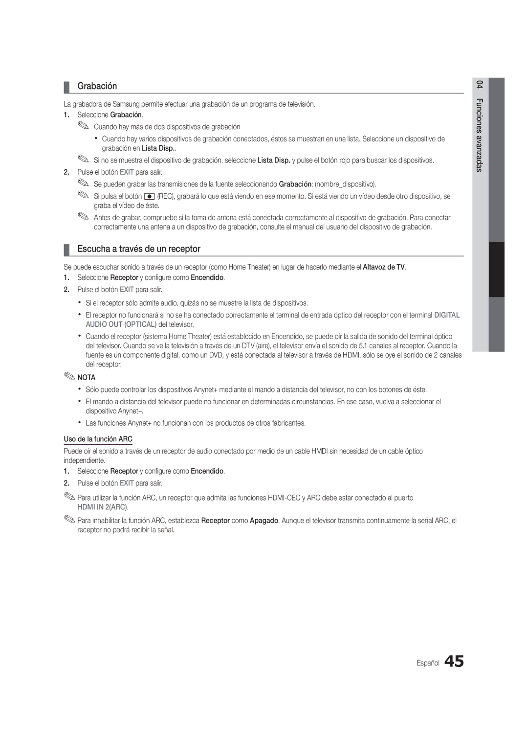 Samsung PC8000NA, BN6802586A07, PN58C8000YFXZA user manual Grabación, Escucha a través de un receptor 