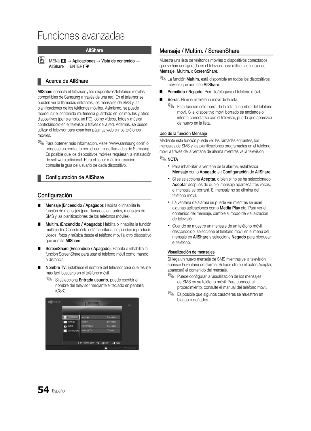 Samsung BN6802586A07, PC8000NA Mensaje / Multim. / ScreenShare, Acerca de AllShare, Configuración de AllShare 