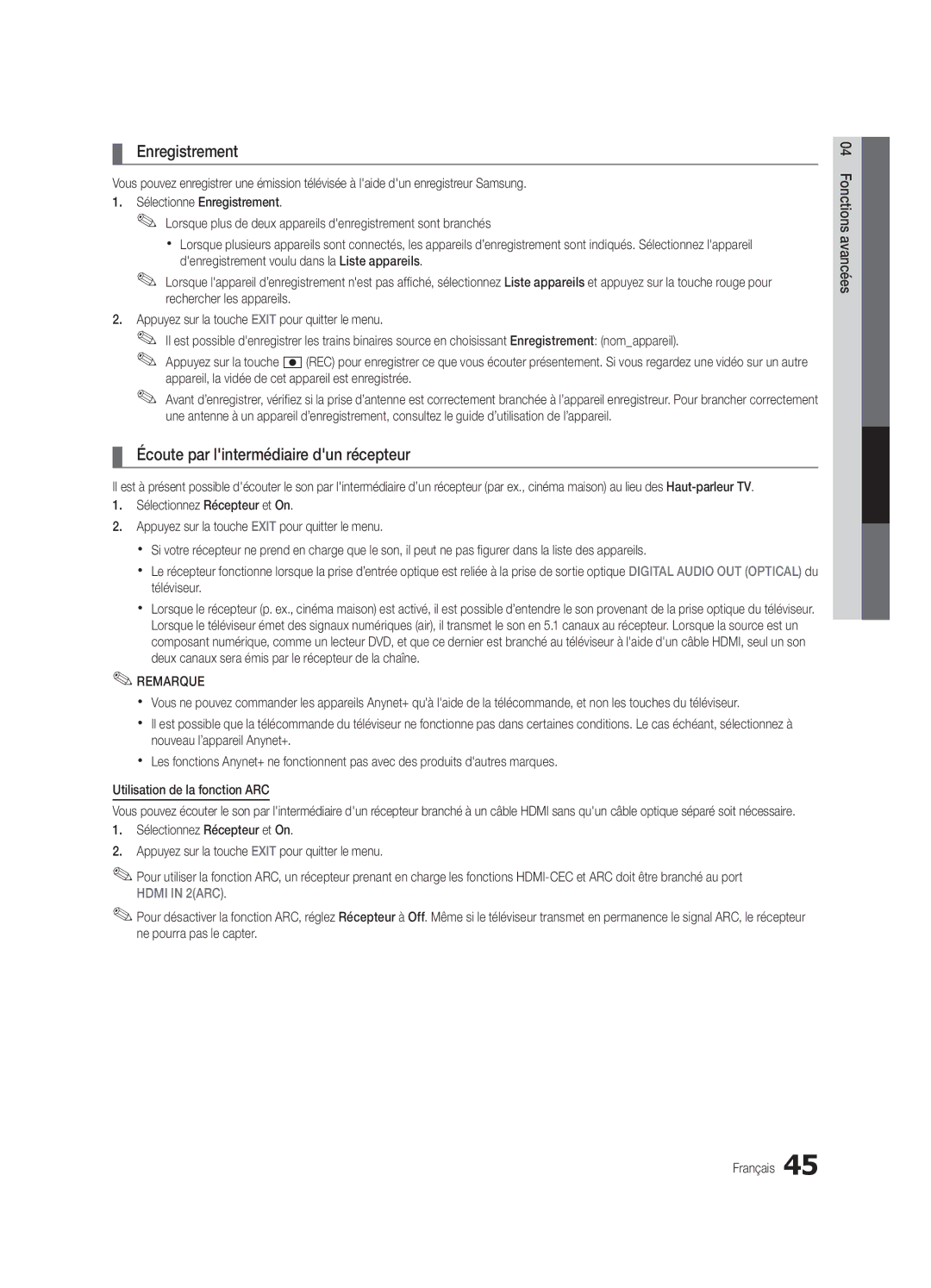 Samsung BN6802586A07, PN58C8000YFXZA, PC8000NA user manual Enregistrement, Écoute par lintermédiaire dun récepteur 