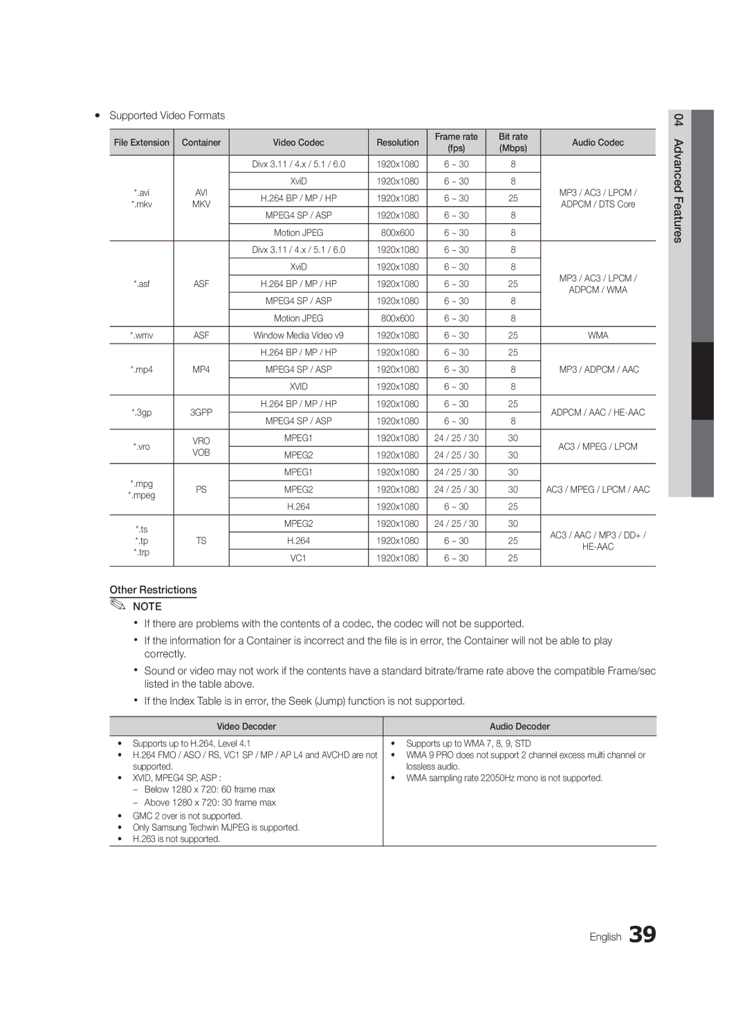 Samsung PC8000NA, BN6802586A07, PN58C8000YFXZA user manual Yy Supported Video Formats, Advanced Features English 