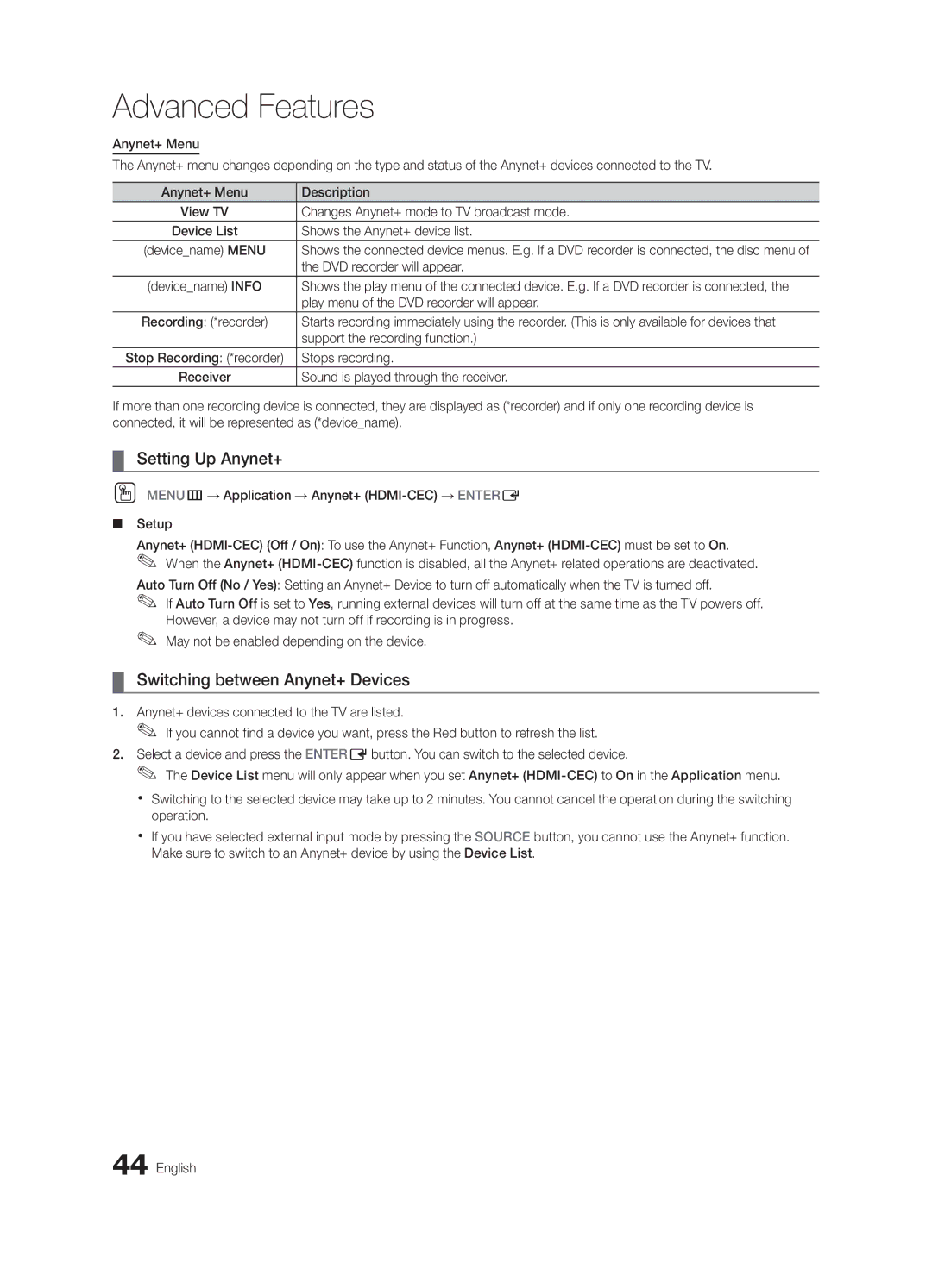 Samsung BN6802586A07, PN58C8000YFXZA, PC8000NA user manual Setting Up Anynet+, Switching between Anynet+ Devices 