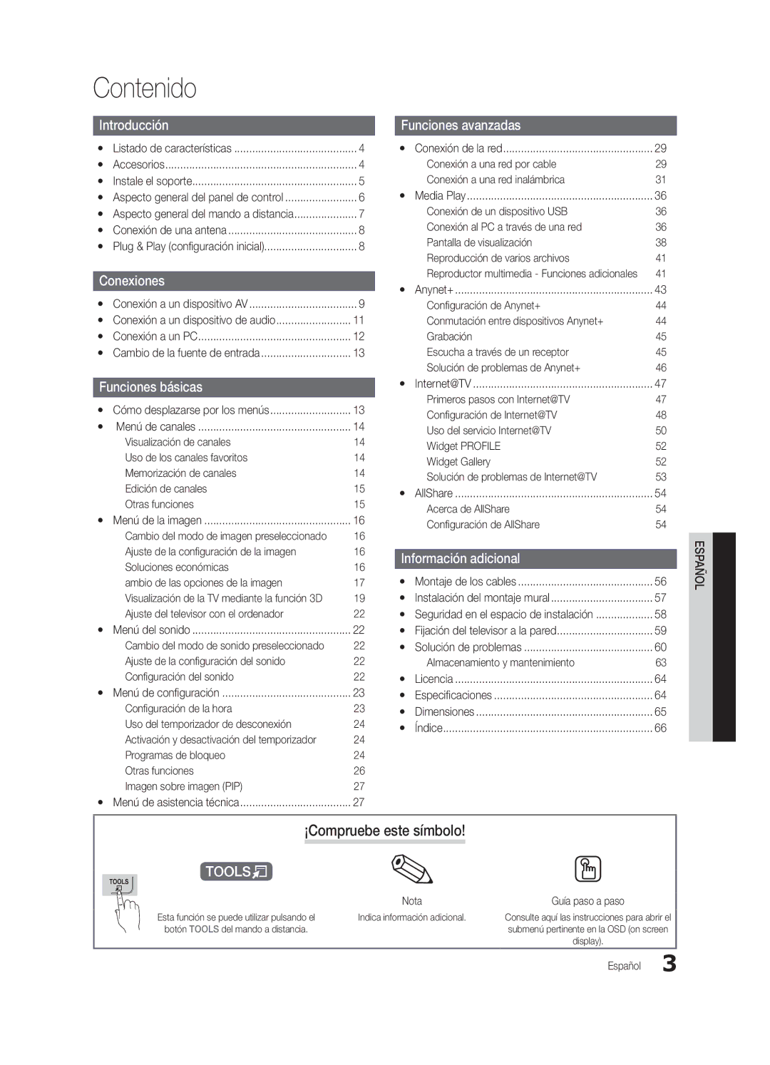 Samsung BN6802586A07, PN58C8000YFXZA, PC8000NA user manual Contenido, ¡Compruebe este símbolo 