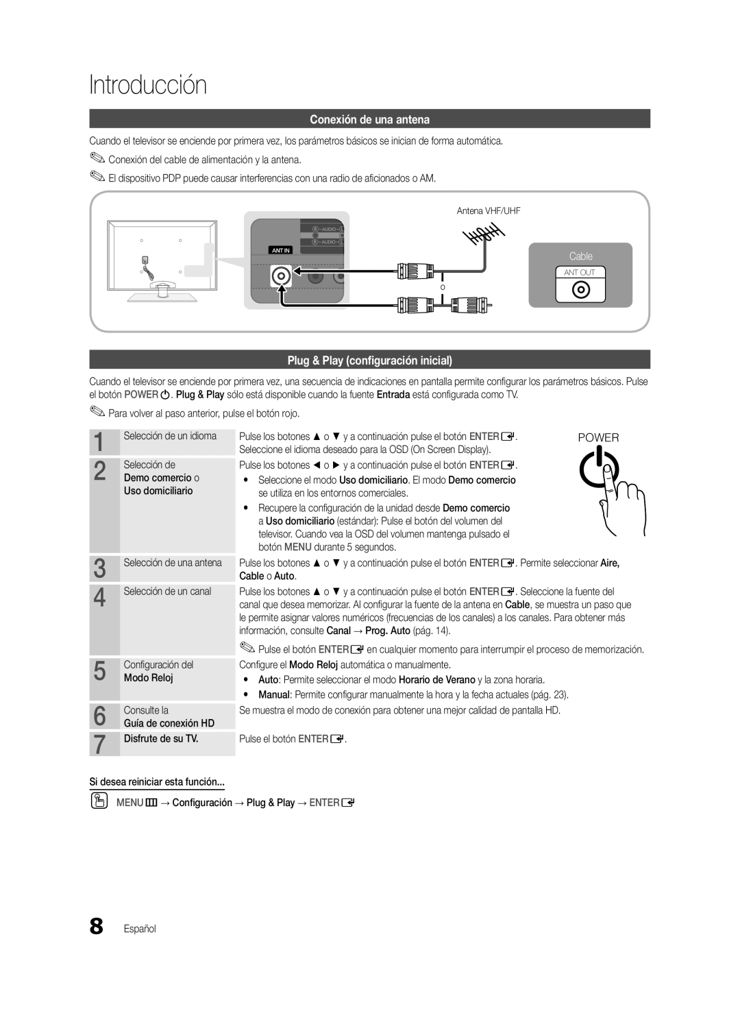 Samsung PN58C8000YFXZA, BN6802586A07, PC8000NA user manual Conexión de una antena, Plug & Play configuración inicial 