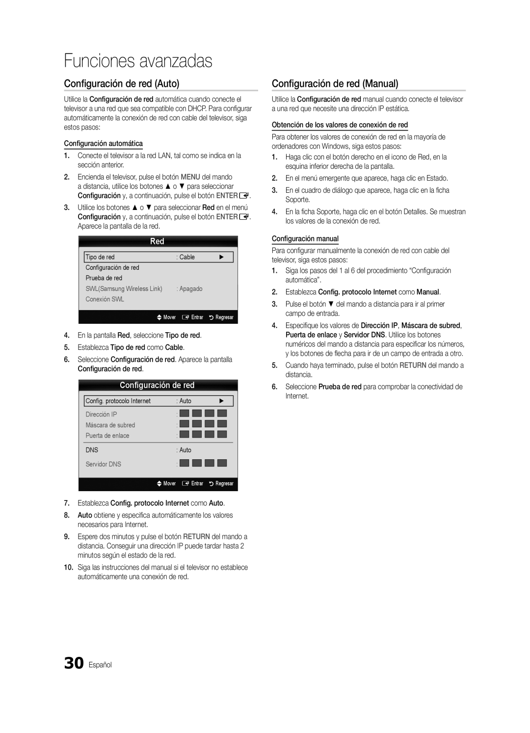 Samsung 8000 Configuración de red Auto, Configuración de red Manual, Red, Obtención de los valores de conexión de red 