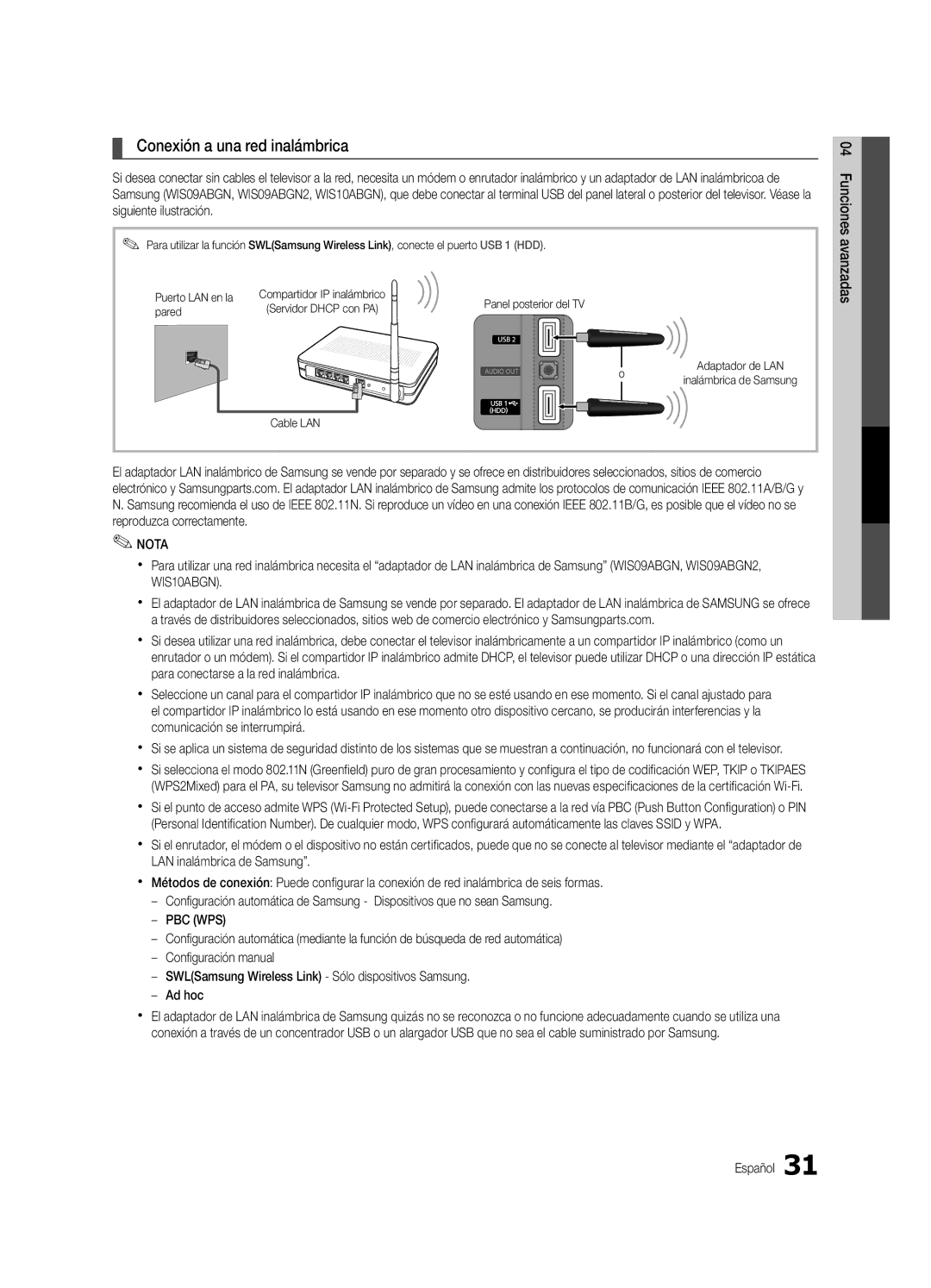 Samsung BN6802586A07, PN58C8000YFXZA, PC8000NA user manual Conexión a una red inalámbrica, Pared 