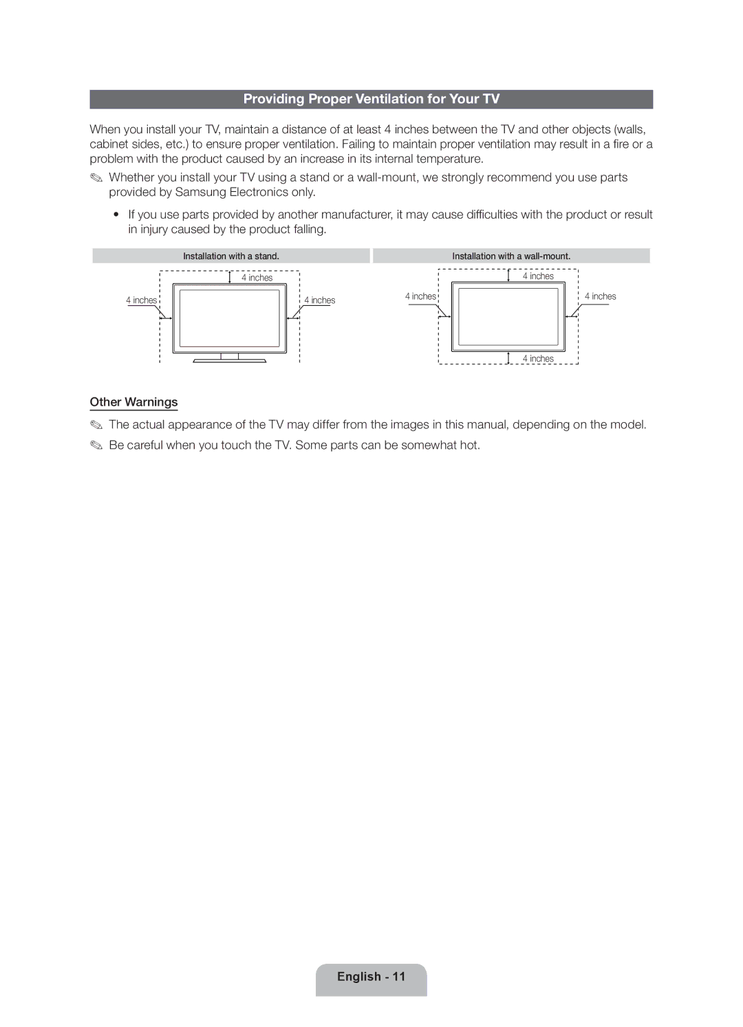 Samsung 8000 user manual Providing Proper Ventilation for Your TV 