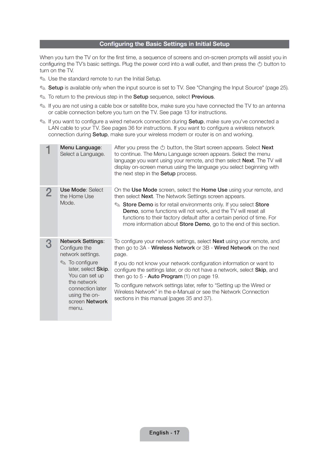 Samsung 8000 user manual Configuring the Basic Settings in Initial Setup 